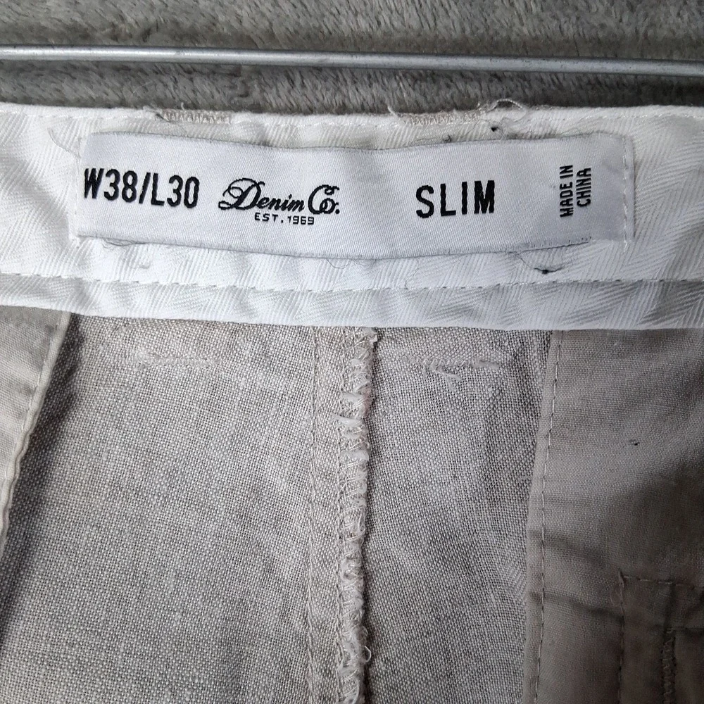 Linen Pants Men Size 38x30 Beige Slim Fit Denim Co Mid-Rise Lightweight